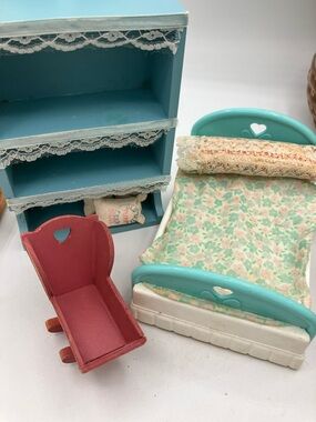 Vintage Dollhouse Bedroom Set - Blue & Pink Miniature Furniture